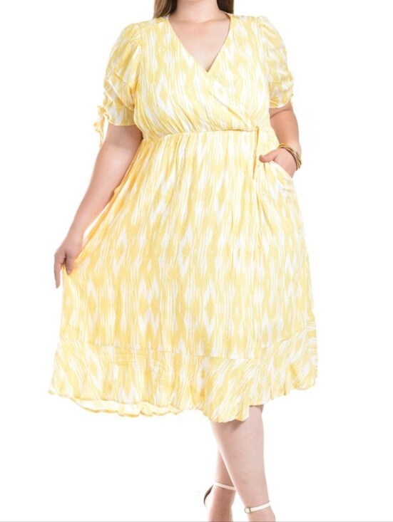 torrid Dresses & Skirts - NWT Torrid Dress Midi Vneck Fit & Flare Yellow Ikat Medium Faux Wrap